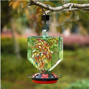 28 oz - Hand Blown Glass Hummingbird Feeder for Outdoors